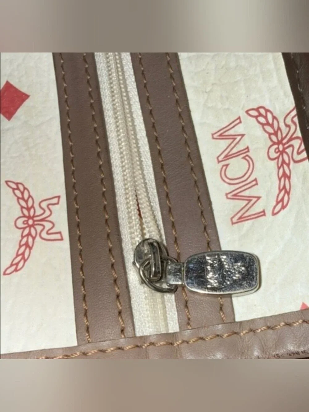 MCM White Pink Logo Canvas Tote with Multicolor Accent Stripes
